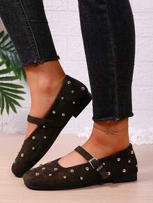 Fashionable Retro Mule Style Student Casual Cute Petite Buckle Strap Square Toe Loafers Shoes, Comfortable Rivet Embellished Women Slip-On Shoes, 2025 New Arrival - Brown - View 3