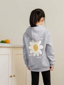 1件少女休闲印花套头卫衣，保暖内衬，长袖，秋冬季