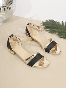 1 Pair Teens' Flashy Black Gold Silver Color Block Chunky Heel Sandals, Girls' Sweet & Edgy Open Toe High Heels, Student Party Date Outdoor Wear Teenage High Heel Sandals - Black - View 8