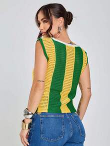 Regata Seleção Tricot Feminina Crochê Brazilcore Moda Copa Tecido vazado Decote V Moda Torcida Peça Comfort - Verde e Amarelo - Visão 2