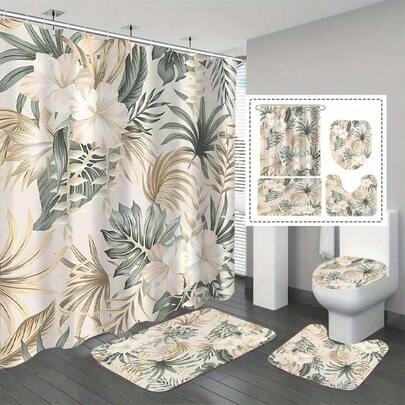 1/4 Pcs Tropical Leaf Print Bathroom Curtain Set - Waterproof Polyester Shower Curtain With Hooks, Non-Slip Bath Mat, U-Shaped Toilet Rug And Toilet Lid Cover - Machine Washable, All Season Bathroom Decor