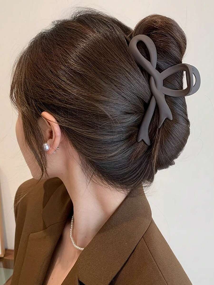 1件装女士纯色植绒蝴蝶结发夹，优雅甜美时尚校园风，适合派对、舞会、日常佩戴，冬季发饰，休闲发夹，优雅爪夹，夏季、假日、旅行 - 奶咖色 - 查看 1
