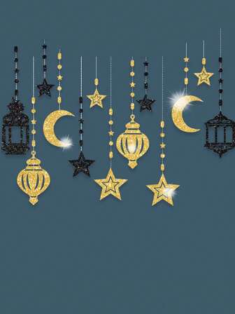 Stjärn- och månelyktakrans, guld- och svart Eid Mubarak-banderollkrans, Eid-dekoration, hängande dekor för hemmet, vägg, Eid halvmåne- och stjärnhängande banderoll, Eid-firandetillbehör, Eid Mubarak-välsignelsesbanderoll för hemmet, restaurang, hotell, sovrum, vardagsrum