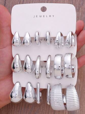 1–9 Pairs Silver Hoop & Drop Earrings Set, ABS Resin, Lightweight & Comfortable, Minimal, For Daily Wear