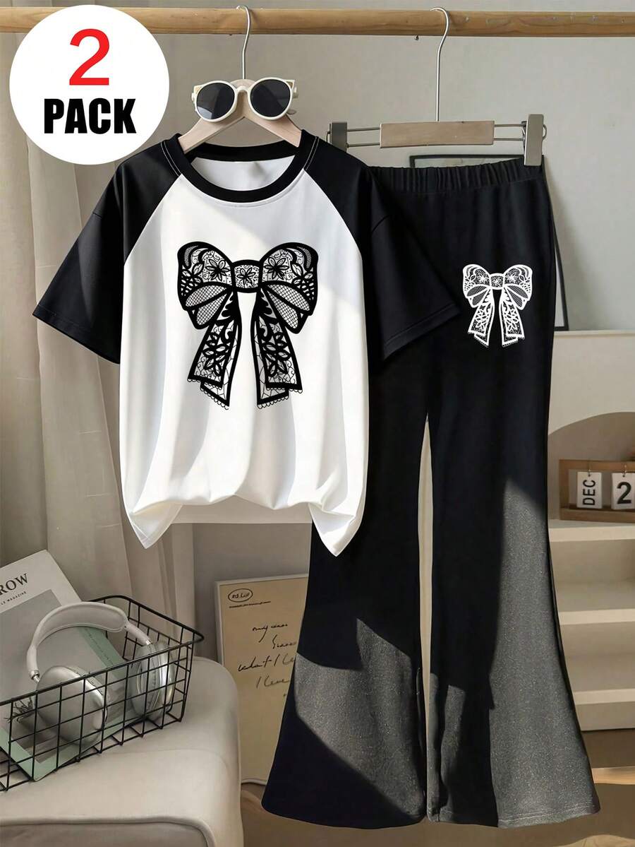 2件套女童蝴蝶印花插肩袖T恤和喇叭裤套装，适合春夏穿着，青少年上衣和裤子套装 - 黑色 - 查看 1