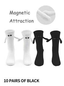 1/2/4/5/10 Pairs Magnetic Couple Socks, Cute Stick-Together Automatically Holding Hands Mid-Calf Socks, Spring/Autumn - Black and White - View 18
