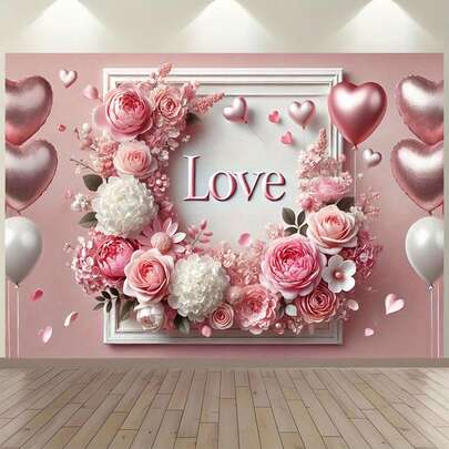 1件浪漫爱情主题摄影背景布 - 以粉色花心和优雅的“爱”字设计为特色，适合婚礼、周年纪念日和生日派对的室内外装饰。这款多功能派对背景布有多种尺寸可供选择，男女皆宜，适用于室内外装饰、摄影工作室、花园装饰、派对装饰和照相亭。