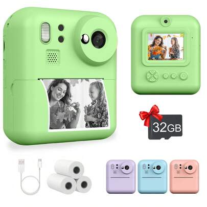 即时打印儿童相机 即时打印儿童相机 1080P 高清数码相机 配备 2.4 英寸液晶显示屏 双镜头设计，8 倍变焦 内置游戏 包含 32GB SD 存储卡 适合 6-12 岁儿童的生日礼物（绿色版）