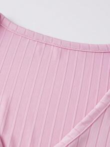 Womens Chain Front Tops Long Sleeve V Neck Slim Fit Ribbed Knit T-Shirts Spring Fall Sweaters - Pink - View 3