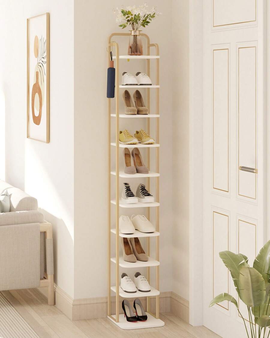 HEXCELEN Étagère à chaussures verticale, rangement à chaussures à 10 niveaux, tour à chaussures pour petits espaces, autoportante, réglable, gain de place, or blanc - Blanc - Voir 1