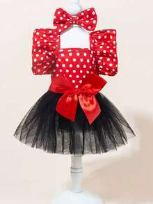Christmas Pet Costume - Red & Polka Dot Tulle Dress With Puffy Sleeves, Button Closure, Elegant Holiday Outfit For Small Dogs & Cats Adorable Red Dog Dress With Breathable Tulle Skirt - Easy-Pull Head Design For Spring Summer Outfits, Puppy Party Costume For Small Medium Large Dogs - 黑紅 - 查看 10