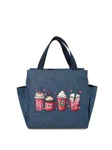 Túi giữ nhiệt in hình bốn món tráng miệng, túi đựng cơm trưa cách nhiệt, với họa tiết trái tim màu hồng và họa tiết "kem, cà phê và bánh ngọt", đi kèm với túi đựng dao nĩa màu đen, một túi đựng cơm trưa hai ngăn. - Nhiều màu - Xem 16