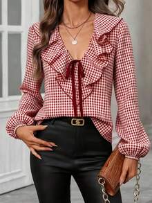 Blusa con estampado de cuadros , volantes y nudo delantero, para primavera - Rojo - Ver 4