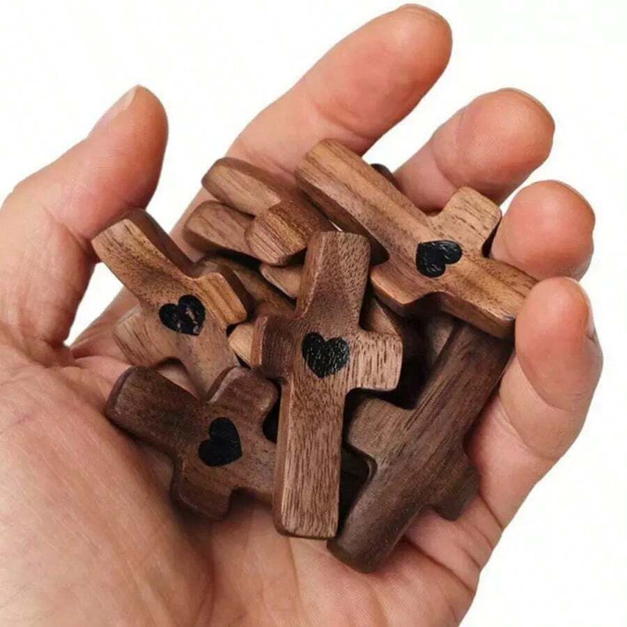 VINCAN 10pcs "Heart To Heart" Small Wooden Cross, Encouragement Gift, Handheld Pocket Cross With Mesh Bag, Finger Pressure Relief, Christian Prayer Church Gift - Multicolor - View 1