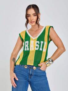 Regata Seleção Tricot Feminina Crochê Brazilcore Moda Copa Tecido vazado Decote V Moda Torcida Peça Comfort - Verde e Amarelo - Visão 5