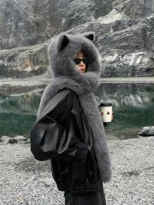 1pc Stylish Faux Fur Fox Ear Neck Warmer Hat, Women Winter Warm Windproof Trapper Hat, Ski Cap