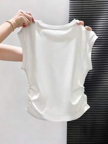女士白色无袖T恤，荷叶边领口，贝壳边饰，侧边褶皱，休闲夏季日常度假优雅上衣 - 白色 - 查看 2