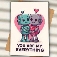 Romantic "YOU ARE MY EVERYTHING" Valentine's Day Greeting Card, Featuring Robot Couple And Heart Design, Quality Greeting Card With Envelope (4.72x6.7in), Perfect Gift For Wife/Husband/Boyfriend/Girlfriend - Multicolor - View 1