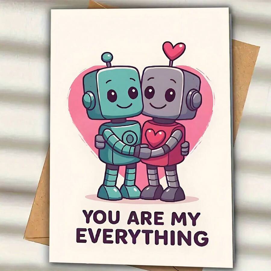 Romantic "YOU ARE MY EVERYTHING" Valentine's Day Greeting Card, Featuring Robot Couple And Heart Design, Quality Greeting Card With Envelope (4.72x6.7in), Perfect Gift For Wife/Husband/Boyfriend/Girlfriend - Multicolor - View 1