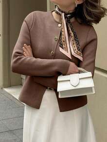 Live To Mo Fall Women Clothes Olive Green Long-Sleeve Cardigan With Button Embellishments - Business Casual Woman For Office & Daily Wear - Brown - View 5