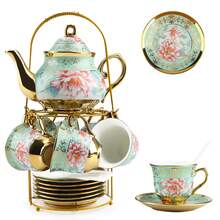 Juego de té de porcelana de 20 piezas con soporte metálico, ideal para adultos. Juego de té de cerámica europea para adultos. Juego de taza y platillo con diseño floral dorado, perfecto para fiestas. - Verde - Ver 11