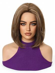 12 Inch Short Straight Wig, Brown With White Highlights And Dark Roots, Suitable For Cosplay And Daily Wear, High Temperature Fiber Synthetic Wig - Brown - View 3