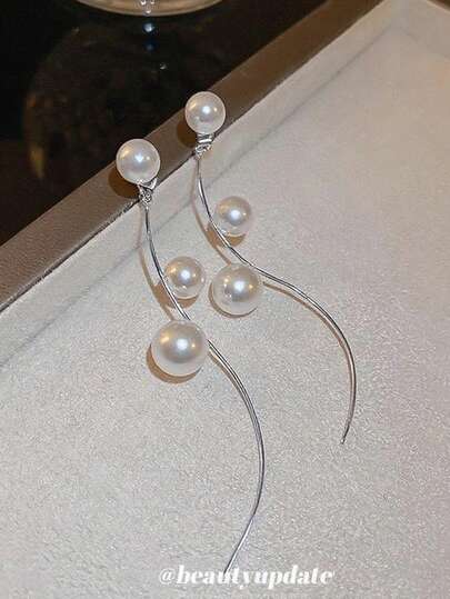 1件优雅长款珍珠流苏耳环，女士高端魅力吊坠耳环，适合晚礼服、约会、盛会、派对、情人节、节日礼物