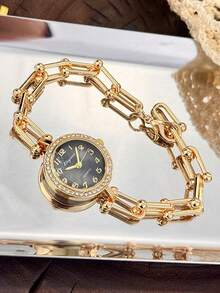 1pc Luxury British Style Quartz Round Dial Watch, Fashionable Ins Wristwatch, Ideal Gift, Year-End Promotion, Online Exclusive