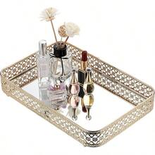Perfume Tray Mirror Tray Makeup Vanity Tray Hollow-Carved Jewelry Tray Glass Metal Trinket Storage Tray Home Organizer Decorative Tray For For Dresser Bathroom CountertopGold Medium Size - GoldSilver - View 1