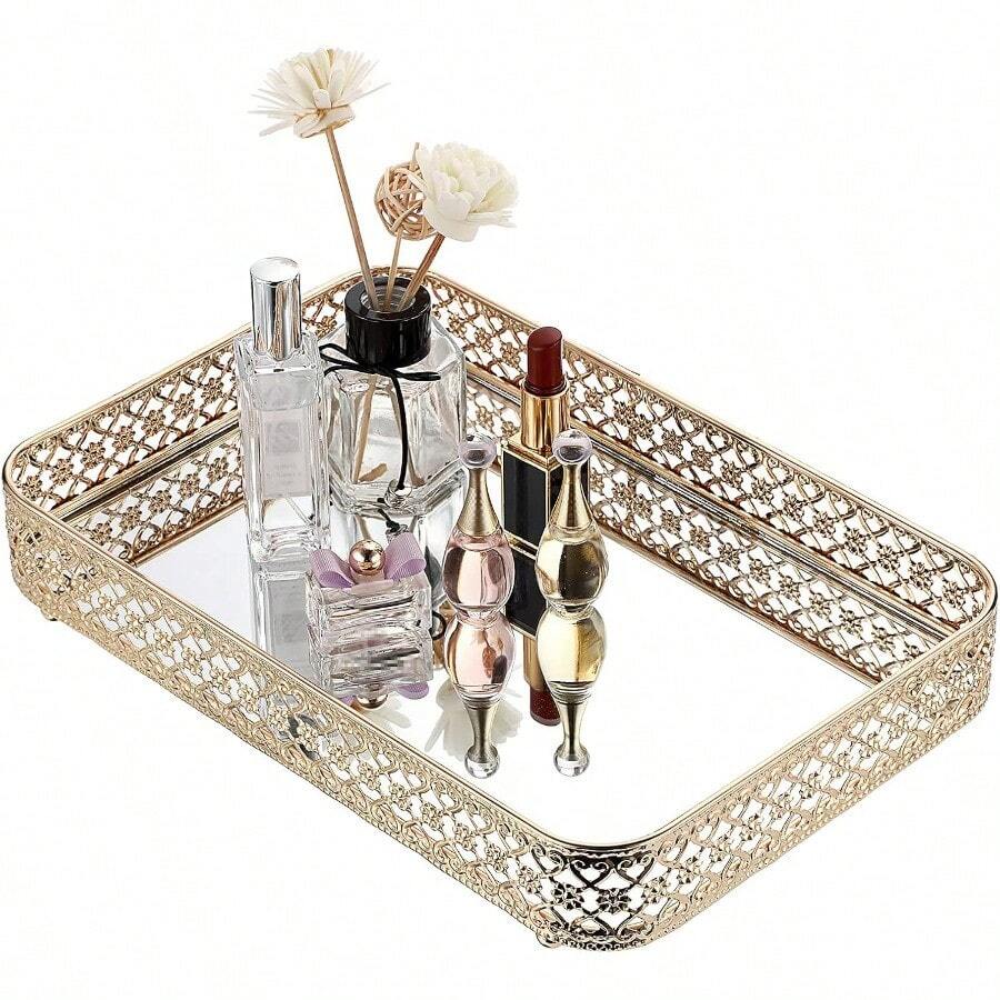 Perfume Tray Mirror Tray Makeup Vanity Tray Hollow-Carved Jewelry Tray Glass Metal Trinket Storage Tray Home Organizer Decorative Tray For For Dresser Bathroom CountertopGold Medium Size - GoldSilver - View 1