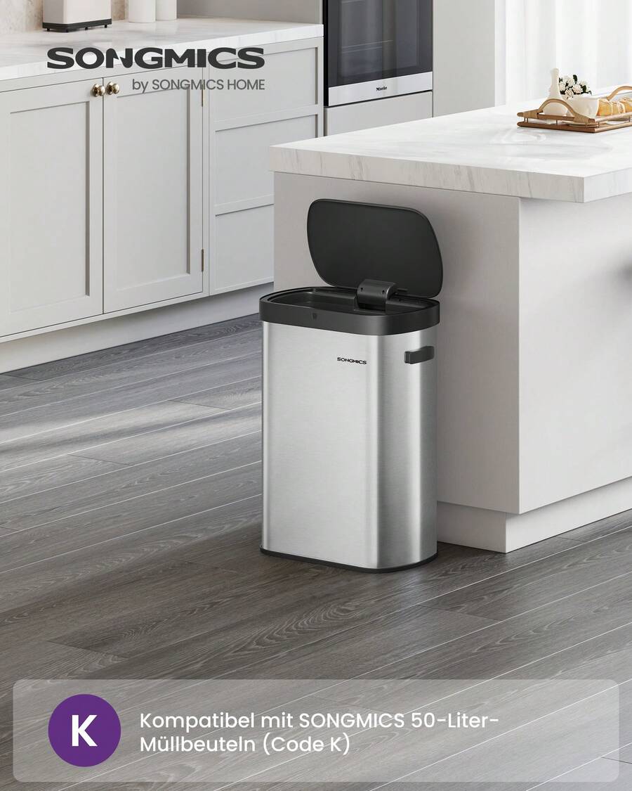 SONGMICS Mülleimer mit Sensor, automatischer Abfalleimer, Öffnen per Handbewegung oder Berühren, Softclose-Deckel, Stahl, inkl. 15 Müllbeutel - Metallicsilber-Tintenschwarz - Übersicht 1