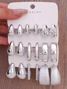 1–9 Pairs Silver Hoop & Drop Earrings Set, ABS Resin, Lightweight & Comfortable, Minimal, For Daily Wear - Silver - View 2