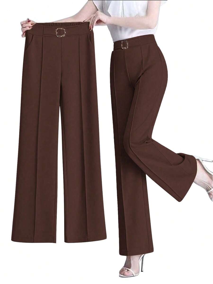 女士优雅纯色牙签条纹设计直筒宽松休闲通勤裤阔腿裤 - 棕色 - 查看 1
