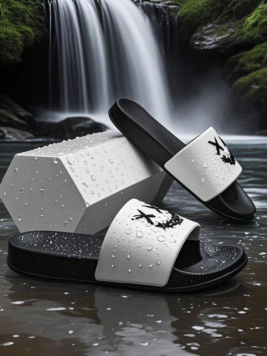 四季室内拖鞋，校园风浴室拖鞋，宿舍拖鞋，情侣拖鞋，户外沙滩拖鞋，运动拖鞋，一脚蹬拖鞋，笑脸图案，活力日常 - 白色 - 查看 1