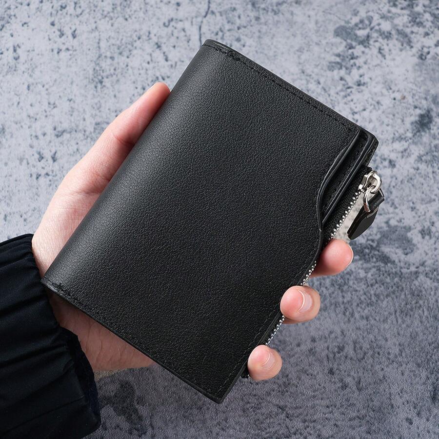 Cartera corta de cuero para hombres, cartera triple conúltiples tarjetas, monedero con cremallera para hombres - Marrón oscuro - Ver 1
