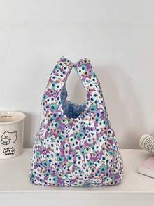 1 pieza Bolsa de almuerzo con flores lindas, bolso de hombro tipo tote para damas, bolso de compras con estampado floral dulce para mujer, bolso de almuerzo de dibujos animados casual y portátil, bolso de mano pequeño para damas, bolso de comida, bolso de viaje y picnic