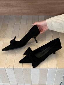 2025年秋季新款韩版小众蝴蝶结尖头细跟时尚优雅女式高跟鞋，猫跟鞋 - 黑色 - 查看 1
