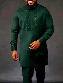 2pcs African Traditional Men's Outfit, Includes Top And Pants, Dashiki Print, Suitable For African American Men, Wedding, Groomsmen, Holiday, Party - Dark Green - View 2