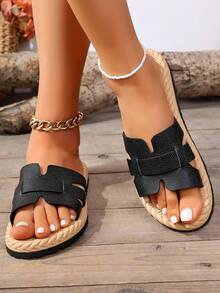1 Pair Versatile Slip-On Sandals, Beige/Black/Brown, Cute & Fashionable For Teenagers, Summer New Arrival - Black - View 5