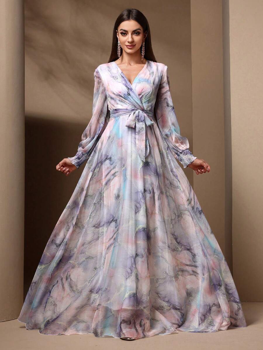 女士优雅褶皱长袖扎染印花连衣裙，袖口可调节，配有腰带，适合春夏假期日常、休闲和户外活动穿着。 - 淡紫色 - 查看 1