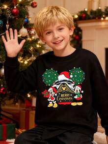 Disney Christmas Element Mickey Mouse Cartoon Pattern Print, Autumn And Winter Children's Round-Neck Sports Hoodie, Suitable For Boys' Daily Play Wear, Long-Sleeved Top, Perfect As A Christmas Gift - 黑色 - 查看 1