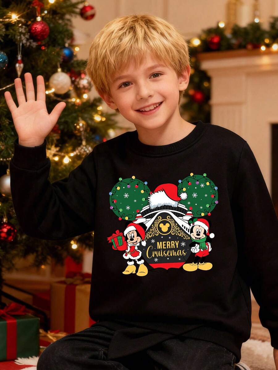 Disney Christmas Element Mickey Mouse Cartoon Pattern Print, Autumn And Winter Children's Round-Neck Sports Hoodie, Suitable For Boys' Daily Play Wear, Long-Sleeved Top, Perfect As A Christmas Gift - 黑色 - 查看 1