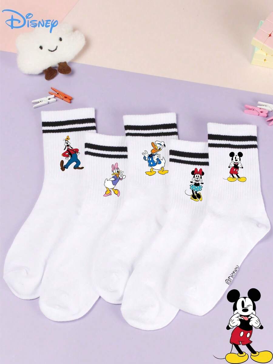 5/1 Pair  And  Pattern Mid-Calf Socks,Sporty Stripes, Polyester Material, Cute Cartoon Design, Stylish, Casual, Breathable Socks, Suitable For Everyday Wear, Back-To-School Season, And Holiday Gifts. - Multicolor - View 1