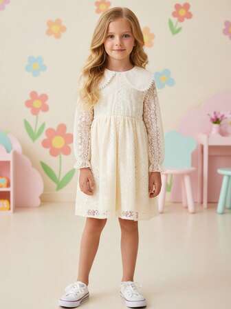 4-7 år gamla flickor höstklänning i spets med lång ärm och krage i midjan för prinsessa