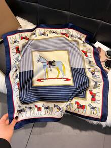 1pc Horse Print 27.6in Square Scarf, Unisex Casual & Streetwear Bandana, Headband, Headwrap, Outdoor Sun Protection Accessory, Stylish Decoration - Navy Blue - View 2