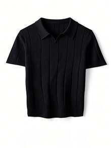 Tween Jungen Lässig Einfarbig Flugzeug Kragen Pullover Geripptes Kurzarm T-Shirt, Frühling/Sommer - Schwarz - Übersicht 3