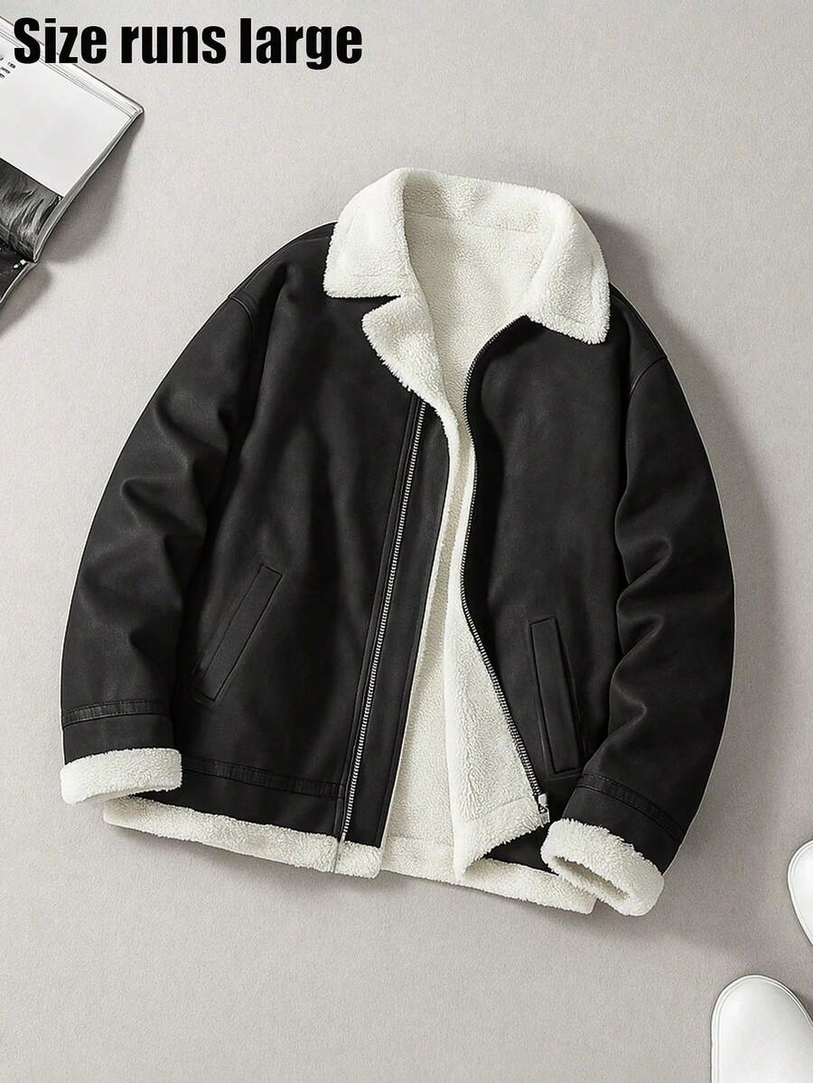 Men's Outdoor Sports PU Leather Long Sleeve Jacket, Casual Fashion Thermal Lined Coat, Autumn/Winter - Black - View 1