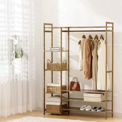 Clothes Rack Coat Stand 8 Shelves Garment Hanging Rail Bamboo Organizer