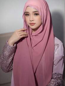 1pc Women's Heavy Embellished Diamond Edge Solid Color Scarf, Elegant Shawl, Moroccan Diamond Trim Long Scarf, Muslimah Hijab Suitable For Travel, Party, Occasion - Heavy-duty Diamond-edged Solid Color Chiffon Scarf Hjiab Ladies Shawl - View 17