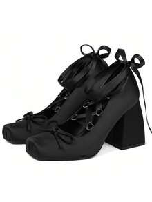 Women's Satin Ballet Chunky Block Heel Pumps Square Toe Chunky Heels Bow Mary Jane Shoes Lace Up Lolita Cosplay Shoes Mary Jane Cute Goth Elegant Wedding Party Shoes For Women - 黑色 - 查看 3